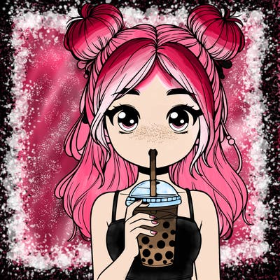 realistic girl holding boba cup with buns on the top of her head
