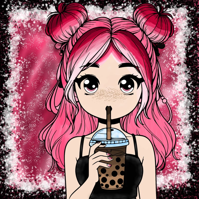 realistic girl holding boba cup with buns on the top of her head