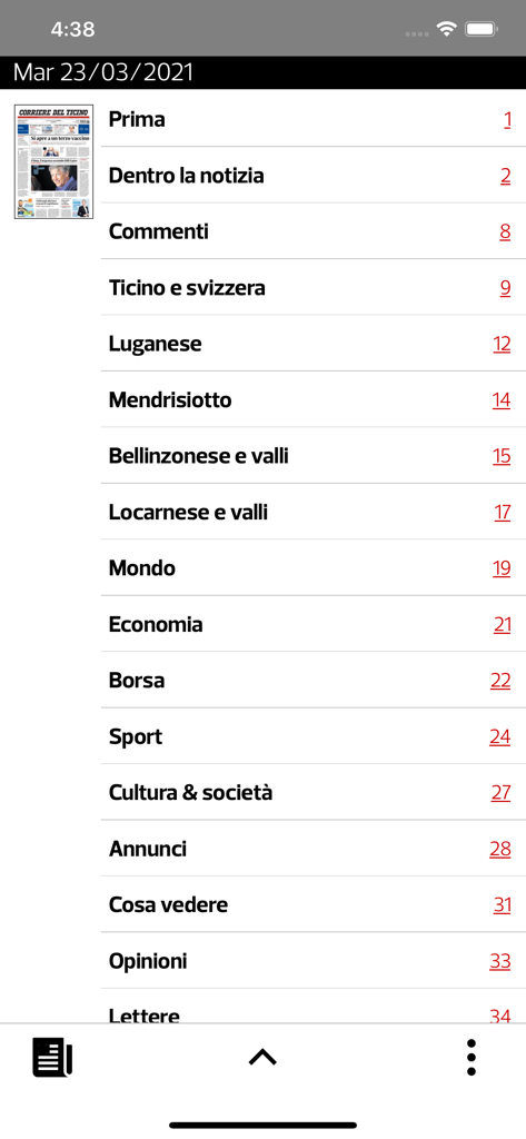 CdT E-paper - Corriere del Ticinoデジタル新聞版の目次