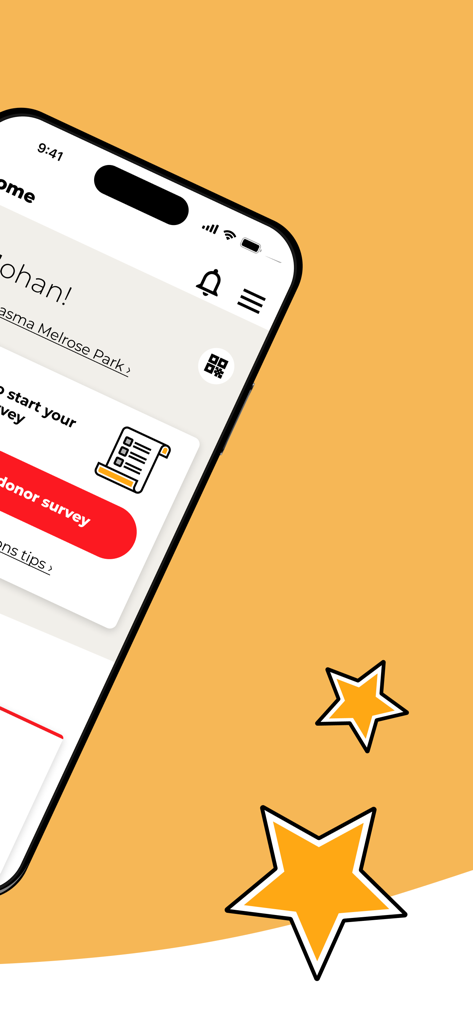 Close up of the CSL Plasma app interface on a smartphone showing the donor survey start screen