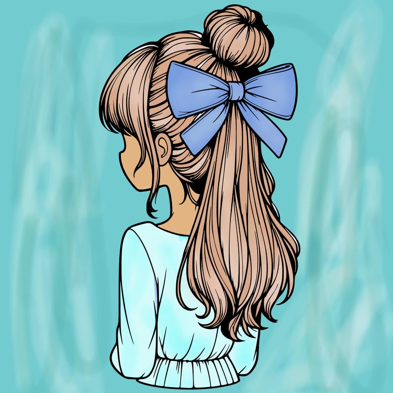 realistic girl  with hip length hair a bun and a big bow on the back of head