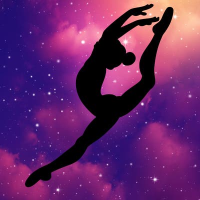 gymnast doing a leap in a leotard with a bent back leg