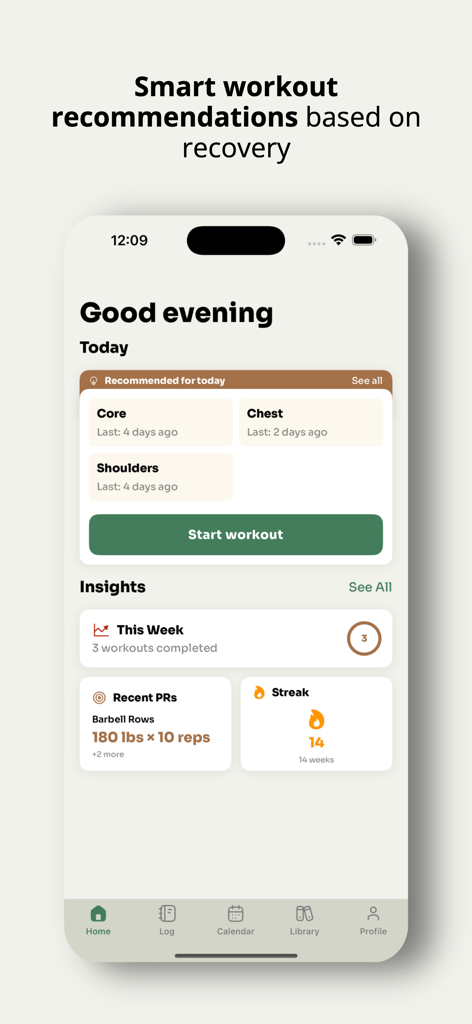 BooFit - Gym Workout Tracker - BooFit home screen showing workout recommendations based on muscle recovery and training insights