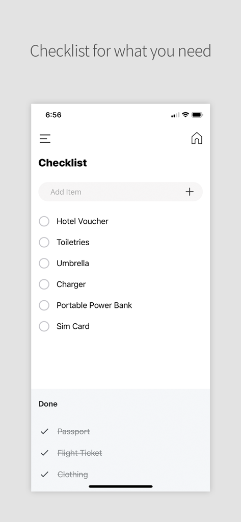 DAILY TRIP - Trip History - 保留中および完了したパッキングアイテムが表示されているDaily Tripアプリの旅行チェックリストインターフェース