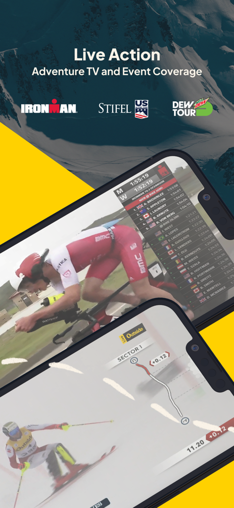 Outside TV app interface showing live triathlon and skiing event coverage