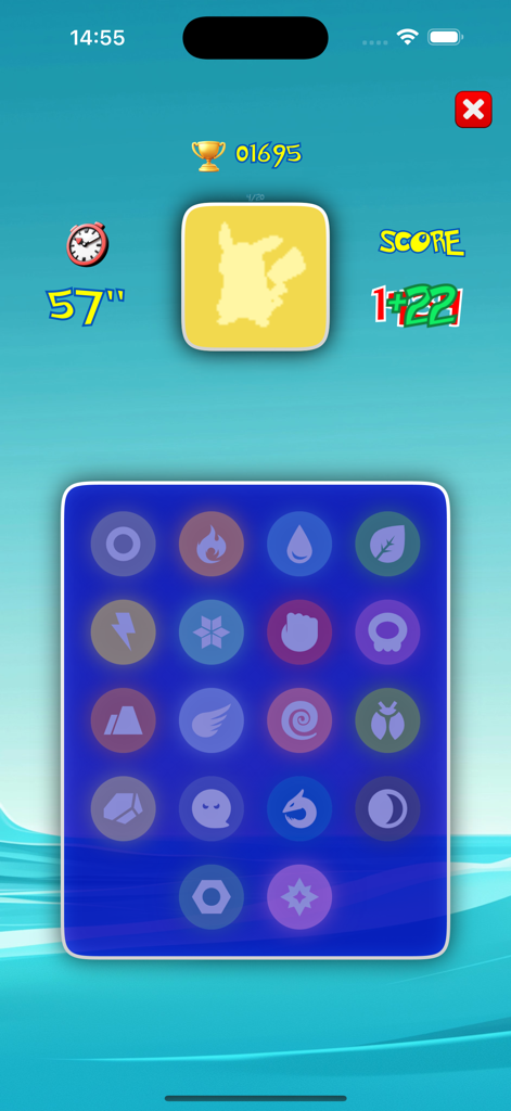 PokéQuiz - Um screenshot do aplicativo PokéQuiz mostrando a silhueta de um Pikachu e uma grade de ícones de tipos elementais para um desafio de trivia.