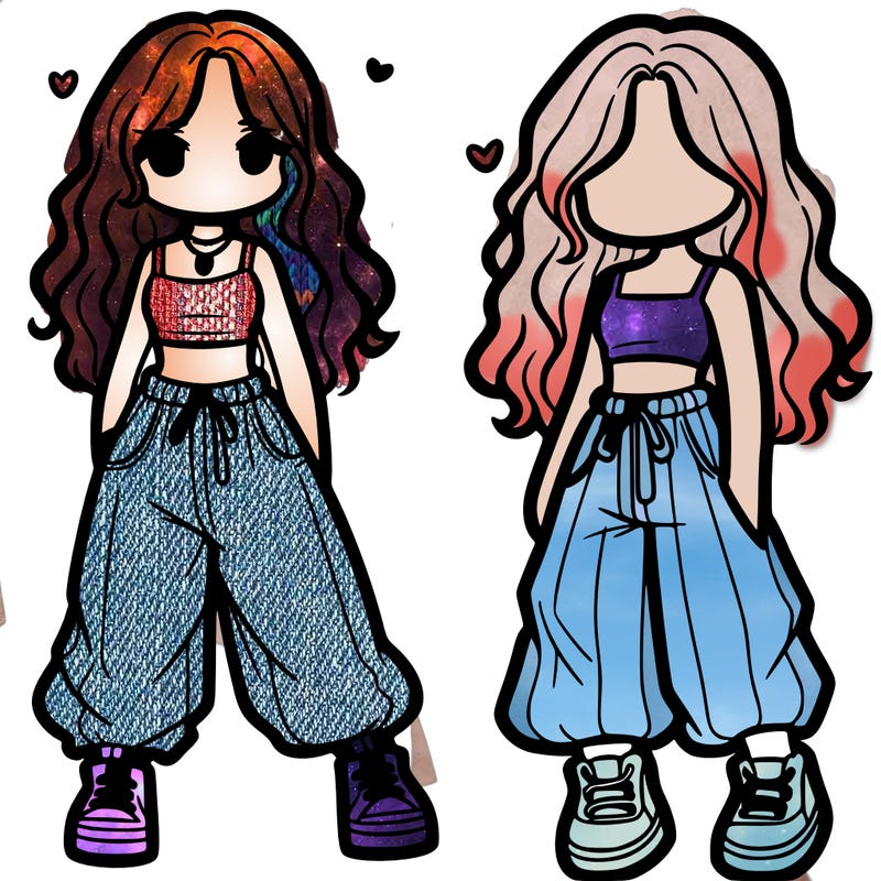 girl in baggy pants crop top and long hair