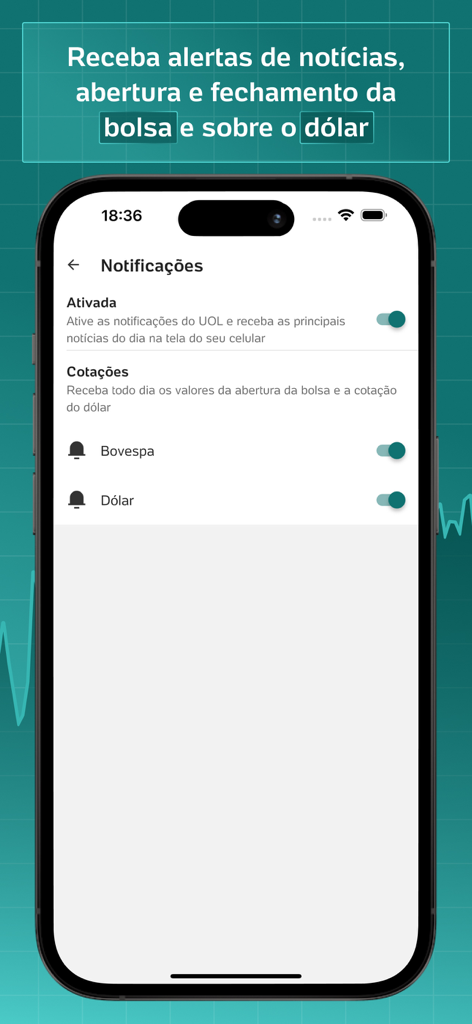 Interface do aplicativo UOL Cotacoes mostrando as configurações de notificação para alertas do mercado de ações da Bovespa e taxa de câmbio do dólar