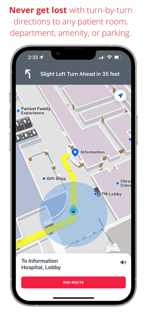 Grady GO app interface showing real-time indoor turn-by-turn navigation with a 3D floor map of Grady Memorial Hospital