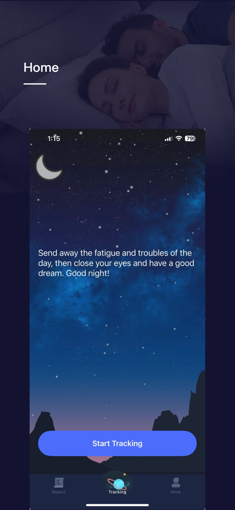 Pantalla de inicio de la aplicación Anti Snore Lab con un botón para iniciar el rastreo y fondo de noche estrellada