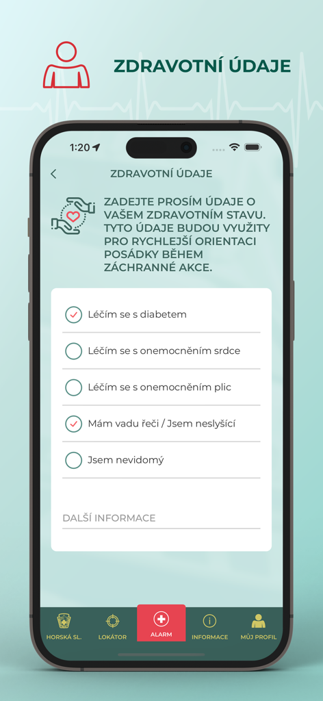 Záchranka app medical profile screen where users can select chronic health conditions like diabetes or heart disease to assist emergency responders