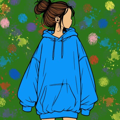 realistic girl with a oversized sweatshirt on and a bun
