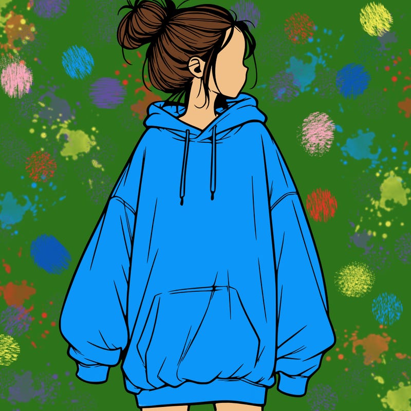 realistic girl with a oversized sweatshirt on and a bun