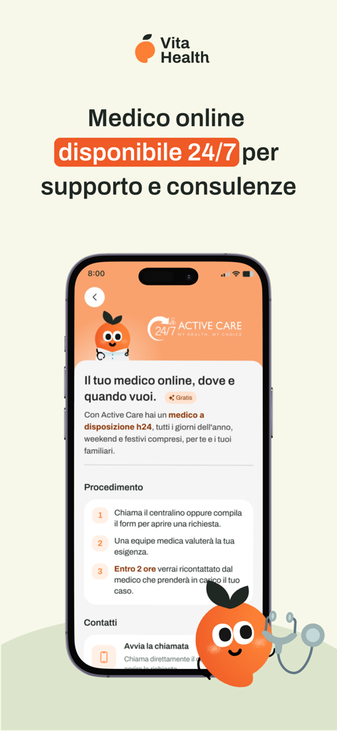 Vita Health - Uno smartphone che mostra la funzione dell'app Vita Health per consultazioni mediche online e supporto 24/7.