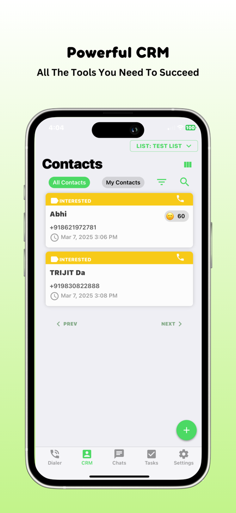 Interface of GoDial Enterprise CRM showing a list of sales contacts tagged as interested