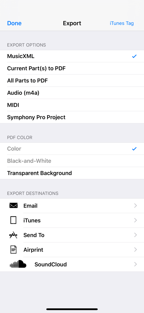 Symphony Pro - Music Notation - Symphony Pro export menu showing options for MusicXML, PDF, MIDI, and sharing to email or SoundCloud.