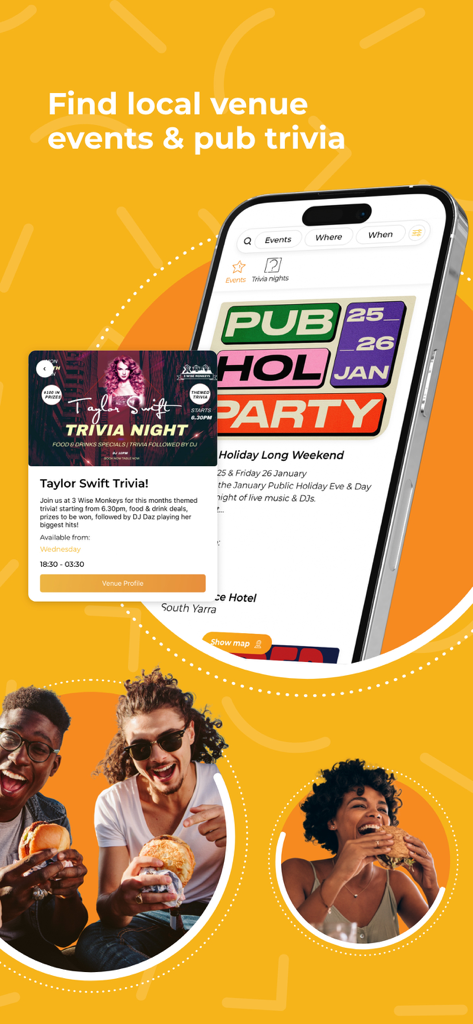 The Happiest Hour - The Happiest Hour app screen showing local pub events and trivia night search features.