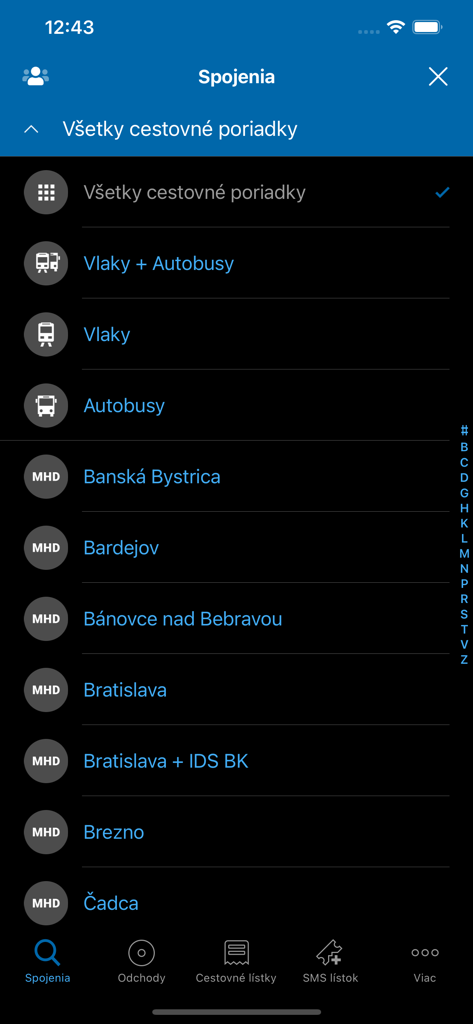 Selection menu for trains buses and city transport in Cestovne poriadky CP app