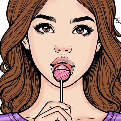 a realistic girl with a lollipop in her mouth