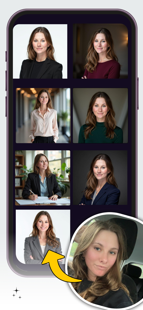 Ein Bildschirm, der die Transformation von einem lässigen Auto-Selfie zu mehreren professionell KI-generierten Porträts in Studioqualität zeigt.