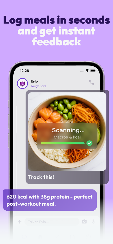 Eylo app interface showing AI meal scanning and instant nutritional feedback