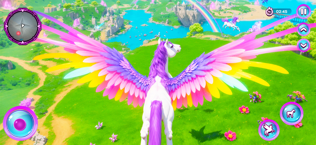 Pony Tales: Magical Realm - A white pegasus with vibrant rainbow wings flying over a lush green landscape with a castle and lake in Pony Tales Magical Realm.