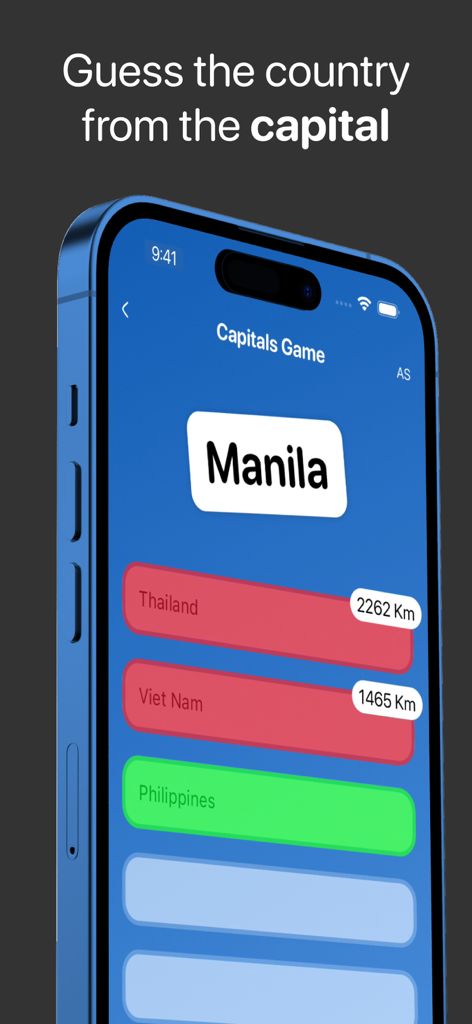 Geography Games - Geo Quiz - 首都マニラに対応する国を推測するチャレンジを示す地理クイズのゲームプレイ