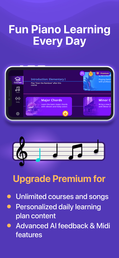 Simpia piano app interface showing music courses and premium subscription benefits like AI feedback and unlimited songs