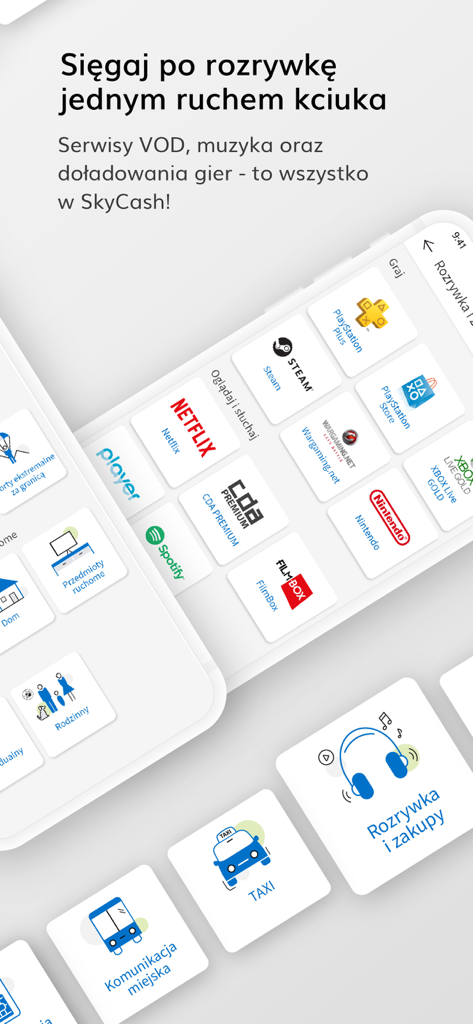 SkyCash app interface showing digital service tiles for Netflix Spotify Steam and transit options like taxi and public transport