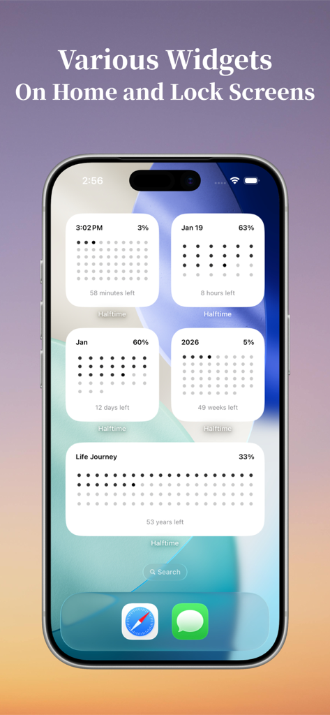 Halftime - Visual Time Tracker - Halftime 앱 위젯이 iPhone 홈 화면에 하루, 연간, 인생 여정의 시간 진행 상황을 점 행렬을 사용하여 표시합니다.