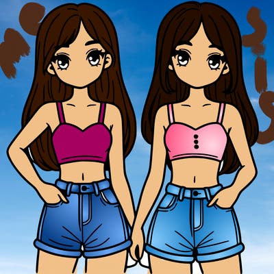 two sisters with crop tops and jean shorts and straight hair