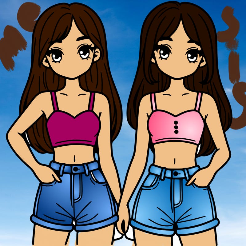 two sisters with crop tops and jean shorts and straight hair