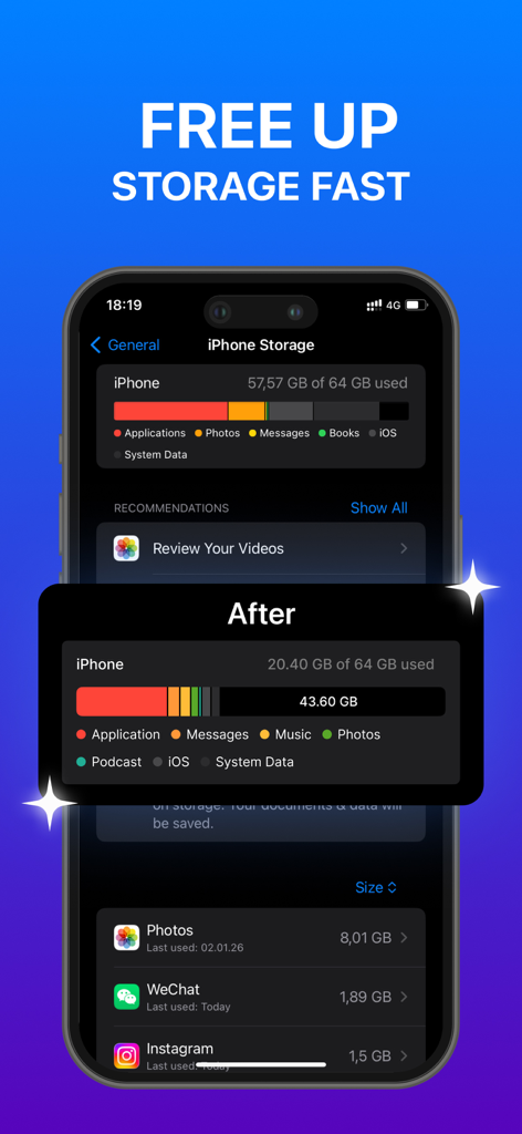 A before and after comparison of an iPhone storage screen showing a significant amount of memory being cleared
