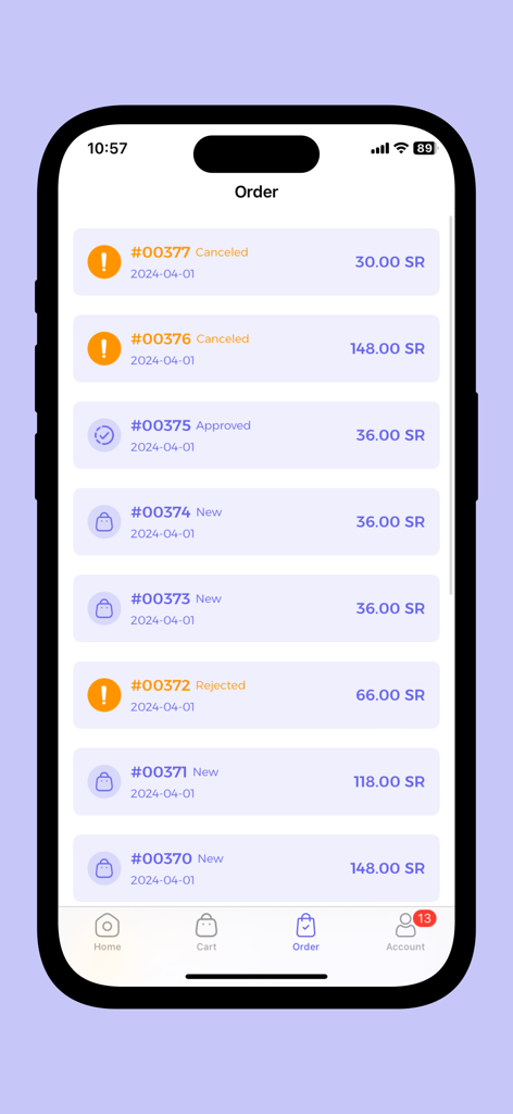 طلباتي بلس - A list of customer orders in the Talabati Plus app showing order numbers, statuses like canceled or approved, and prices in Saudi Riyals.