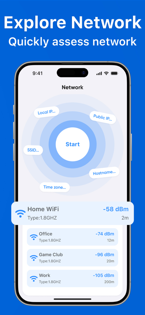 Pantalla de smartphone mostrando una aplicación analizadora de Wi-Fi con una lista de redes cercanas y sus intensidades de señal en dBm.