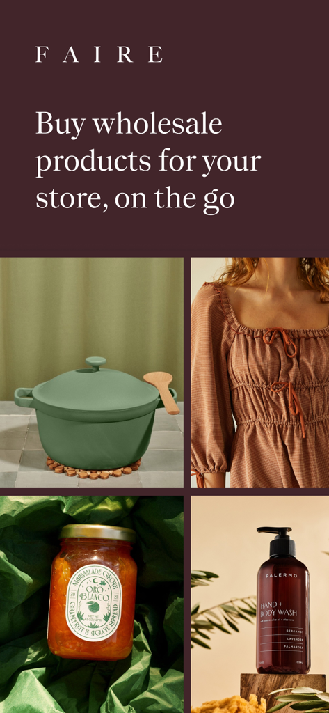Promotional screen for the Faire Wholesale app featuring lifestyle products like home decor, apparel, and apothecary items for boutique owners
