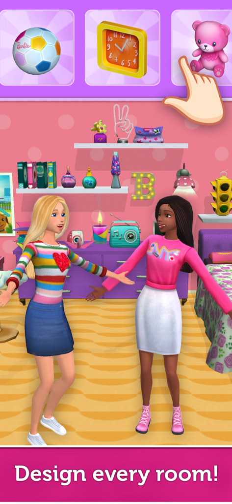 Barbie Dreamhouse Adventures - Barbie e sua amiga em um quarto rosa com opções para decorar usando um relógio, bola de futebol ou urso de pelúcia