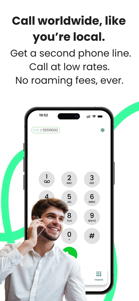 VirtualSIM by BNESIM - VirtualSIM by BNESIM app showing international dialer for a second phone line with no roaming fees
