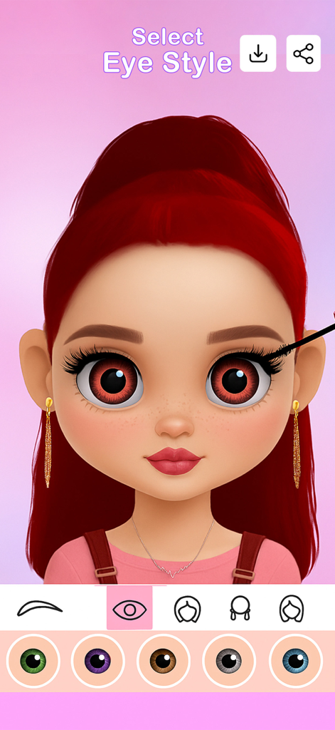 Doll Maker Character Creator - Interfaz de una aplicación creadora de muñecas que muestra la selección del color de ojos y la aplicación de máscara de pestañas para un personaje de pelo rojo