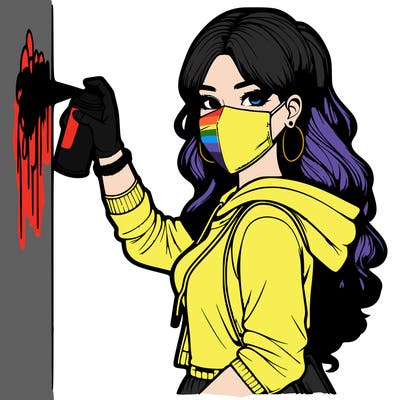 realistic girl with mask spray painting a wall