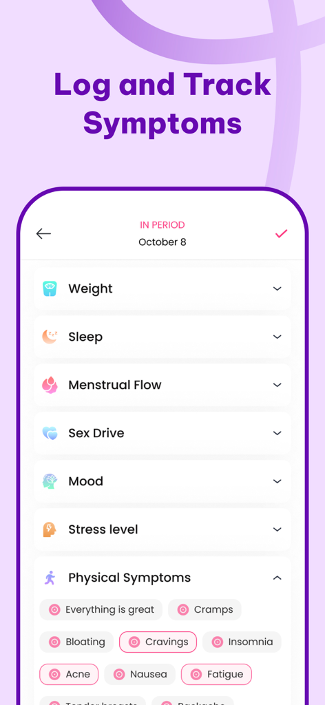 Chloe: Ovulation Tracker - A mobile screen from the Chloe app showing options to log daily health symptoms like weight sleep and physical conditions