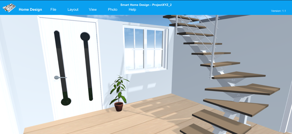 Un rendering di interior design 3D con una scala a chiocciola e una moderna porta bianca