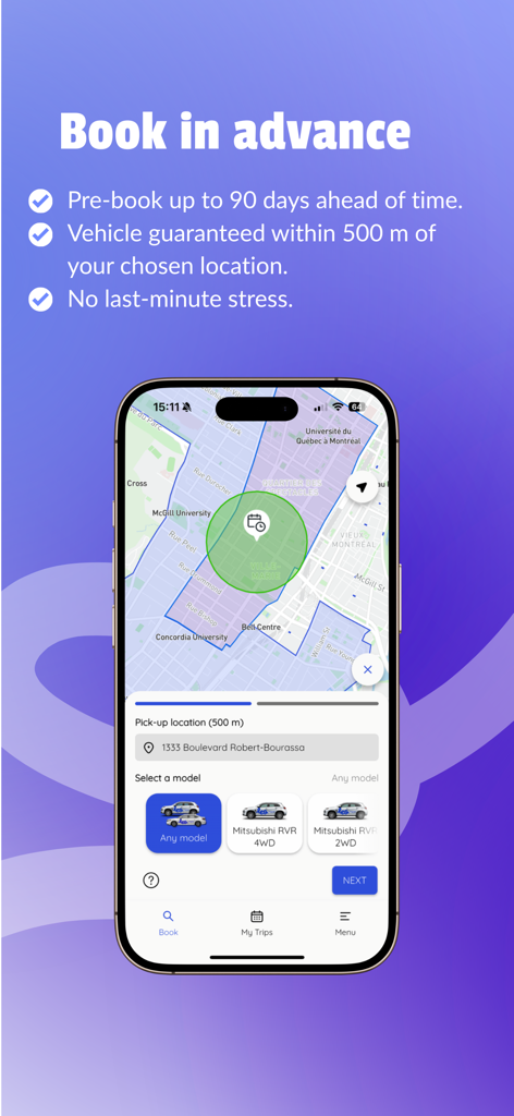 Leo Autopartage - Carshare - Leo carsharing app interface showing advance booking on a Montreal map