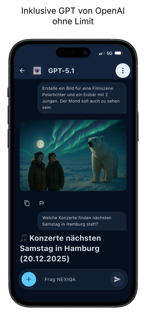 NEXIQA - NEXIQA app interface showing AI image generation and real time information queries