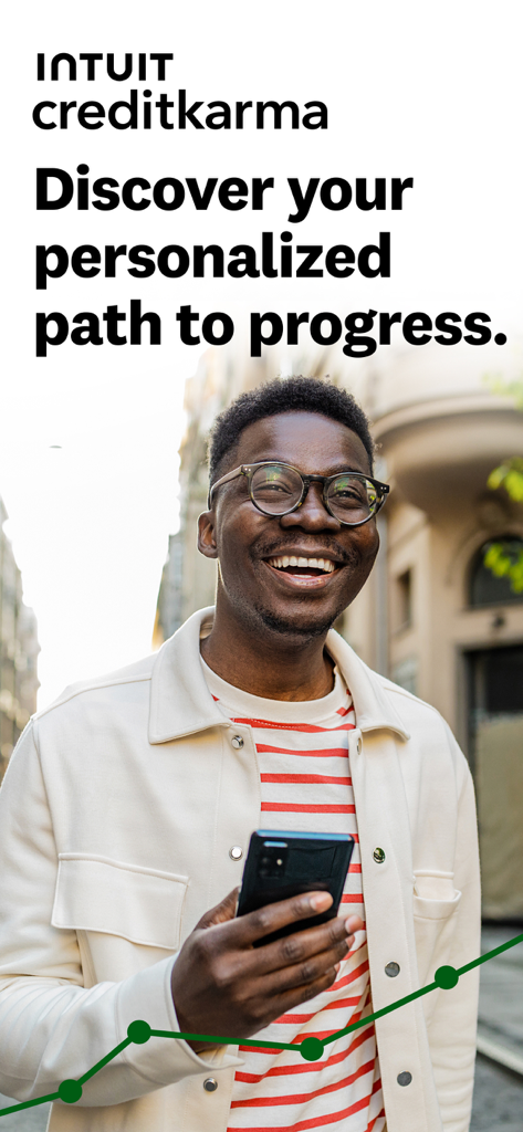 Intuit Credit Karma - A smiling man using the Intuit Credit Karma app on his smartphone with a financial progress slogan