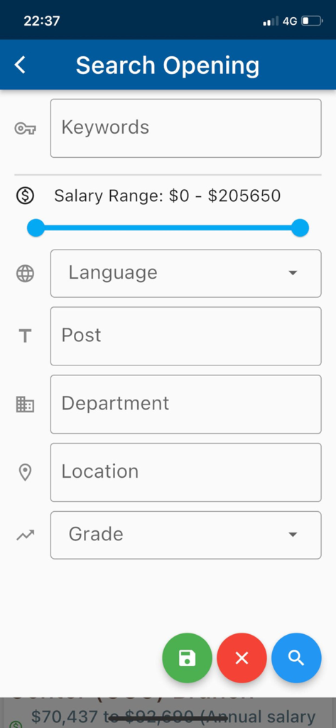 Interfaz de búsqueda de empleos del Gobierno de Canadá con filtros por salario, departamento y ubicación.