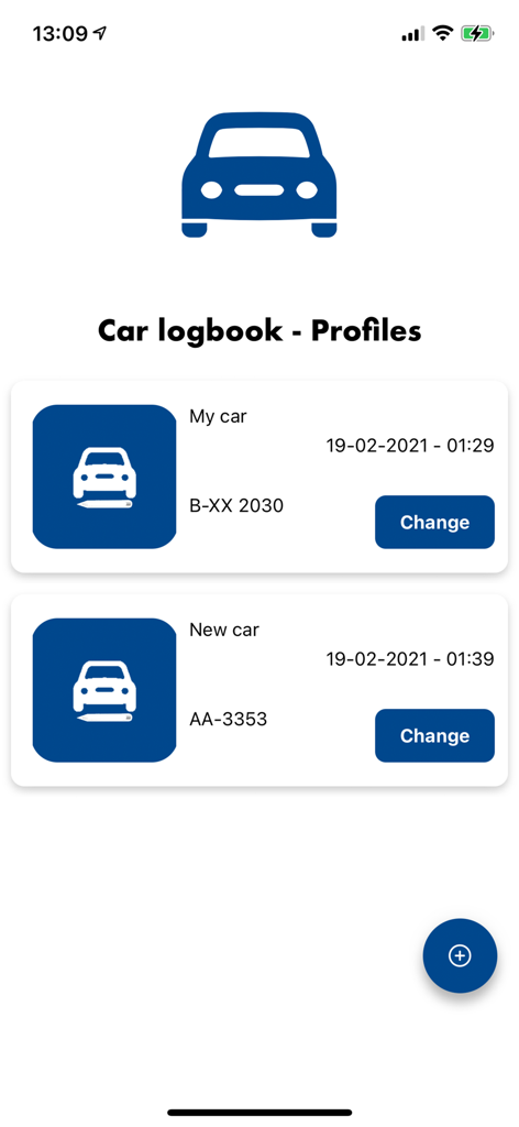 Car Log book App - Car Logbook app screen displaying multiple vehicle profiles with license plates and edit options