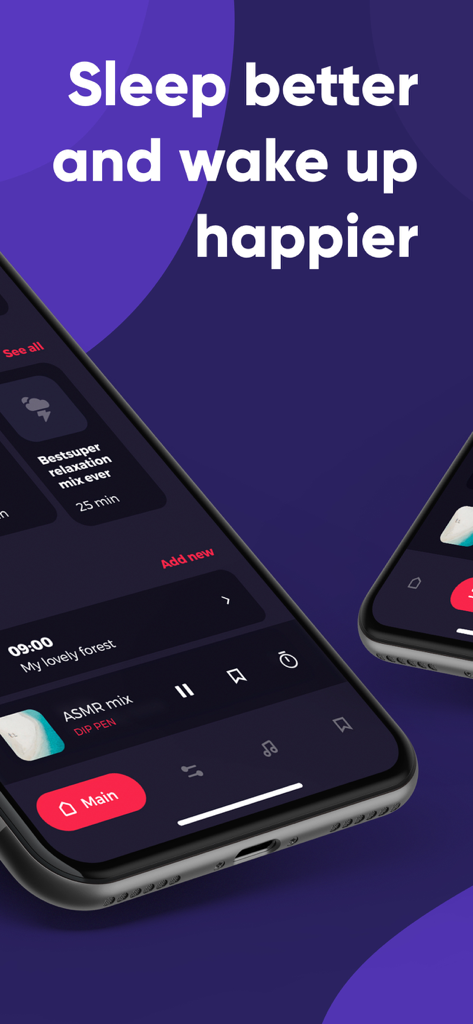 ASMR Sounds and Ear Triggers - Interface do aplicativo ASMR Sounds and Ear Triggers exibindo recursos de sono e relaxamento