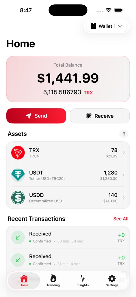 GoTRX 앱 홈 화면에 총 잔액(USD)과 TRX 및 USDT를 포함한 암호화폐 자산 목록이 표시됩니다.
