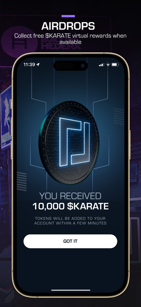 Karate Combat - Vote Live! - Smartphone screen showing a 10,000 Karate token airdrop reward in the Karate Combat app